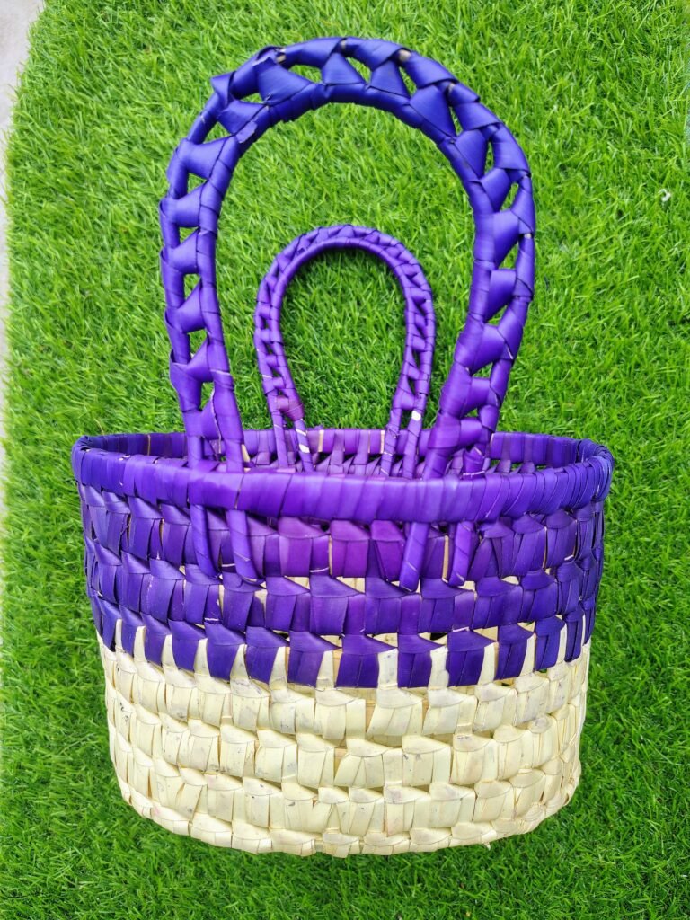 This image shows a top view of our purple woven basket, helping shoppers see the detailed craftsmanship and internal space of the product.